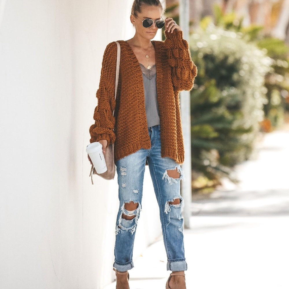 FREE PEOPLE MUSTARD BROWN OPEN SLOUCHY CARDIGAN M